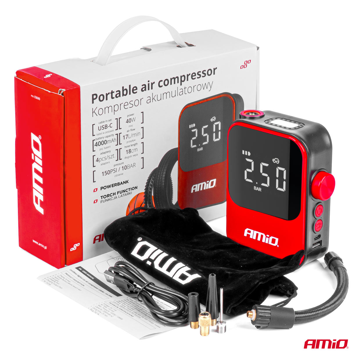Compressore per auto senza fili, power bank 40W